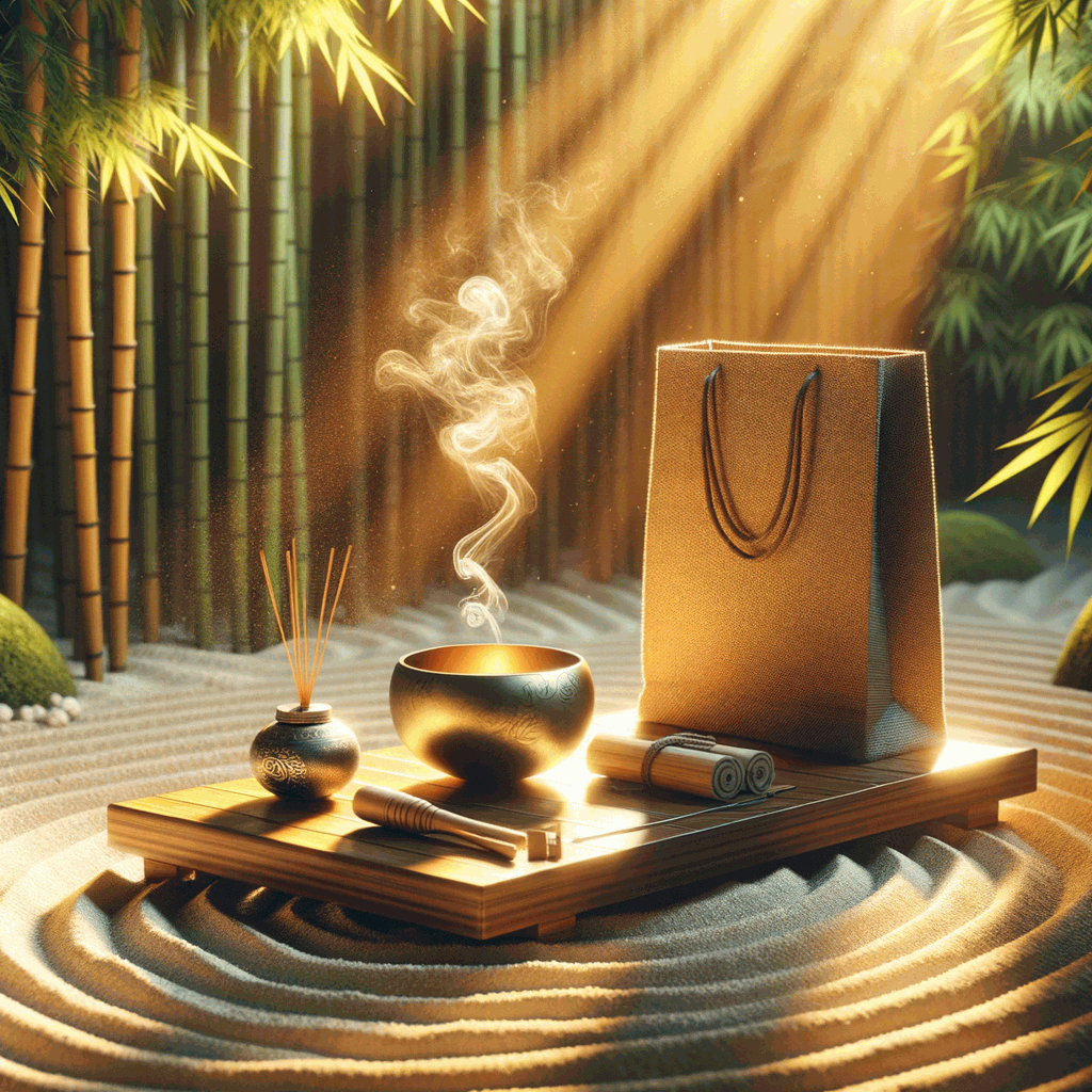 Сонячний дзен-сад із дерев’яним столом, що символізує усвідомленість і подолання залежності від шопінгу