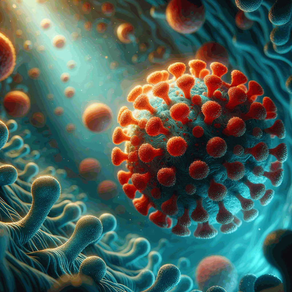 Мікроскопічне зображення респіраторно-синцитіального вірусу з текстурованою поверхнею в червоних та оранжевих відтінках