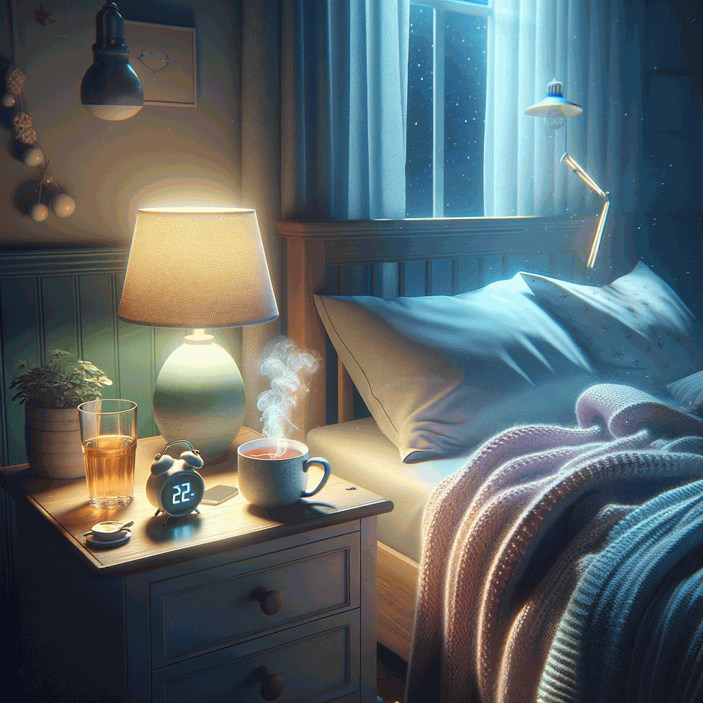 Світла спальня вночі з теплим світлом лампи, чашкою трав’яного чаю і цифровим будильником на тумбочці