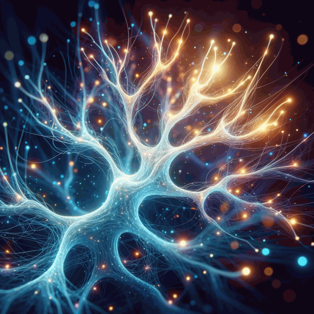 Фотореалістичне зображення нейронної мережі мозку з яскравими синіми, білими та золотистими волокнами