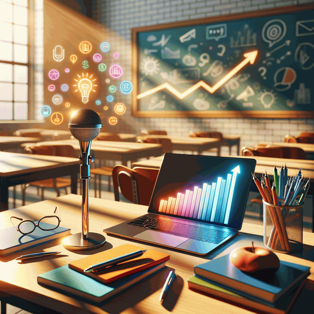 Сучасна світла аудиторія з жіночими студентками, зошитами та мікрофоном на столі