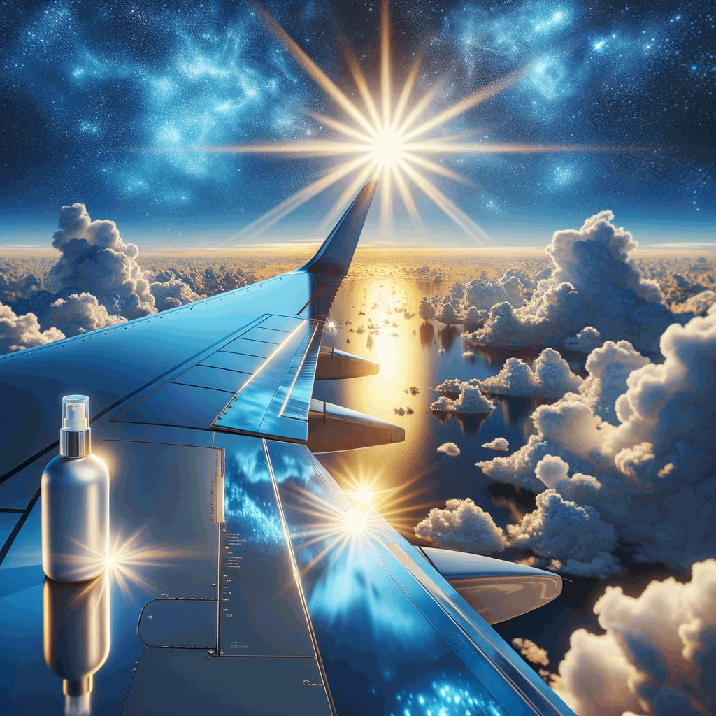 Крила літака над хмарами під яскравим сонцем у ясному блакитному небі