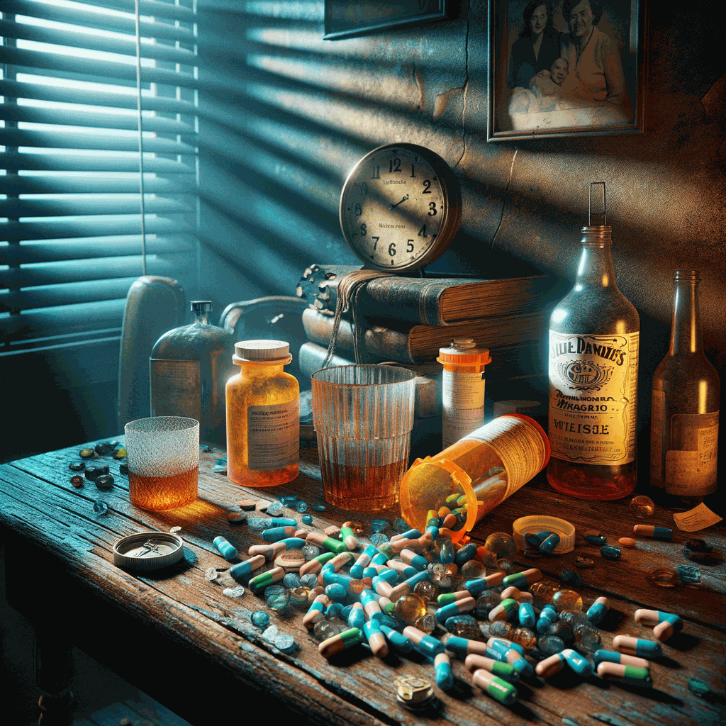 Зображення кризи залежності серед літніх у затіненій вітальні з розкиданими ліками на столі