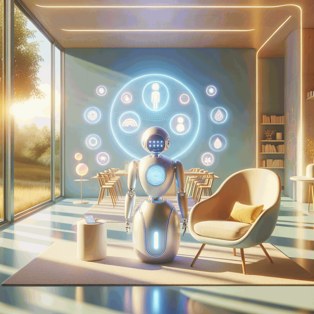 Фотореалістична терапевтична кімната з сучасним роботом для AI терапії дітей