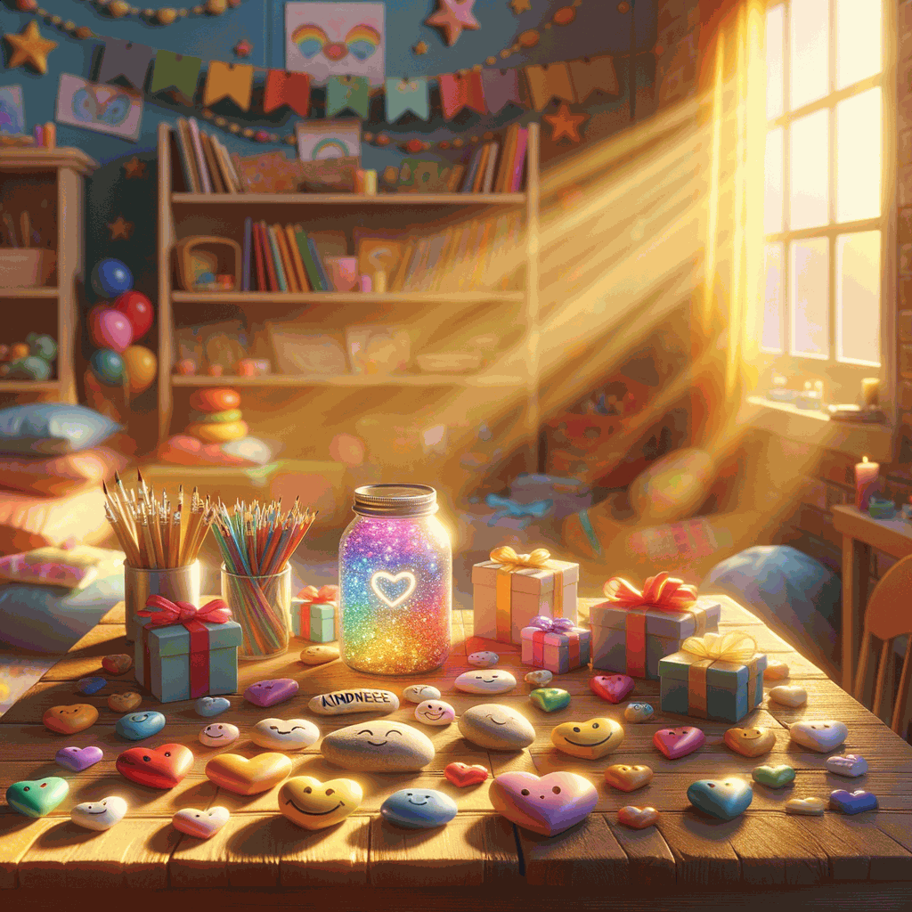 Яскрава дитяча кімната з символами доброти та моральної гордості на сонячному світлі