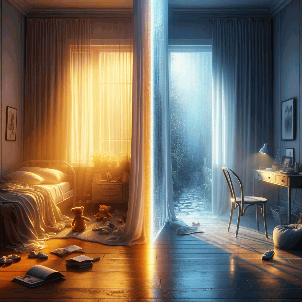 Інтер’єр розділеного будинку з прозорою бар’єрною стіною, що символізує наслідки розлучення батьків