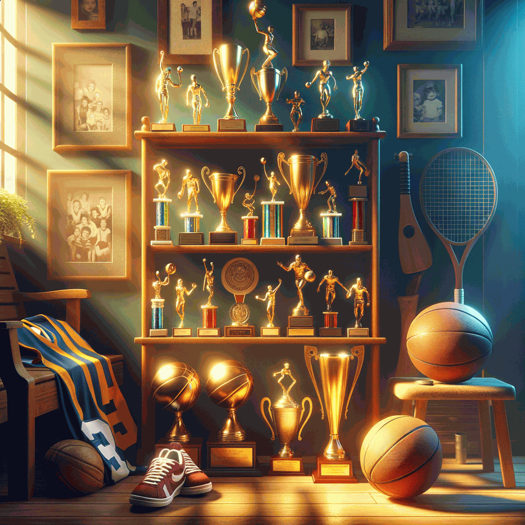 Дерев'яна полиця з трофеями на тлі теплого сонячного світла, символ сімейного впливу на спортивний успіх