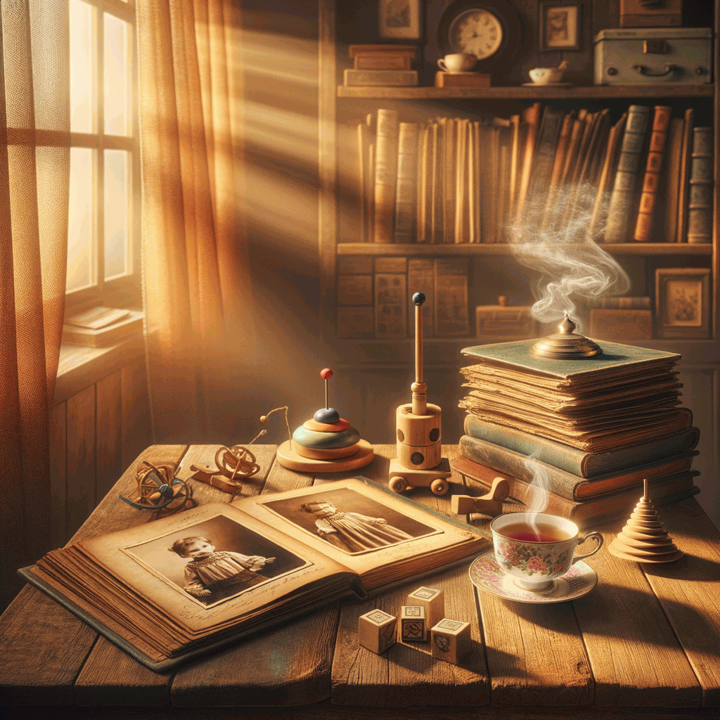 Затишна вітальня з фотоальбомом і дитячими спогадами на дерев’яному столі під золотим світлом
