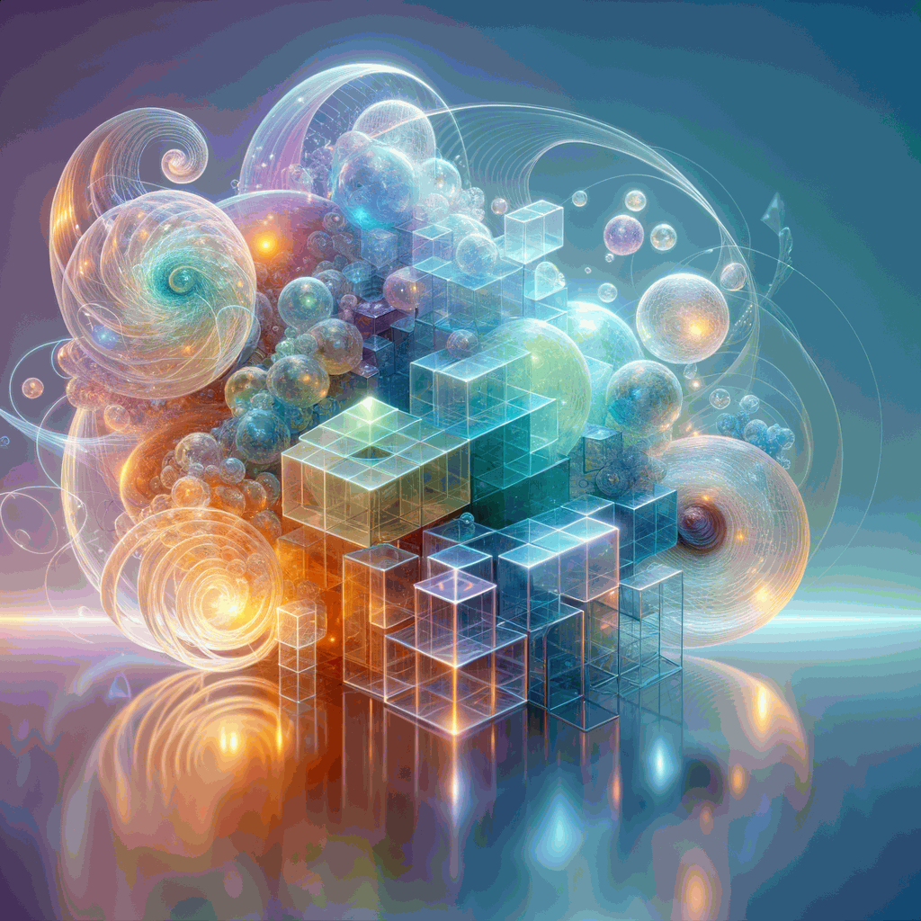 Фотореалістична сцена з прозорими геометричними фігурами, що символізують розвиток мислення у дітей