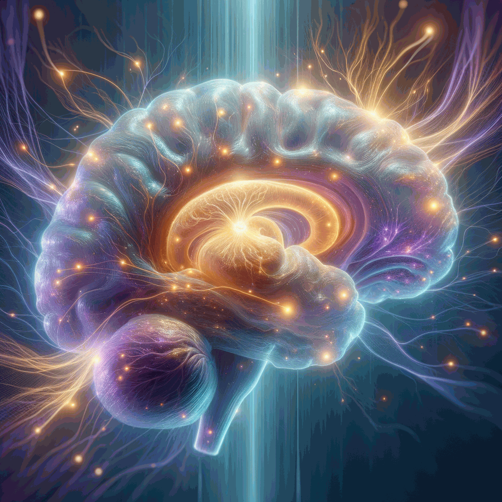 Прозорий світиться мозок із яскравими нейронними шляхами на тлі, що символізує пам’ять дитинства