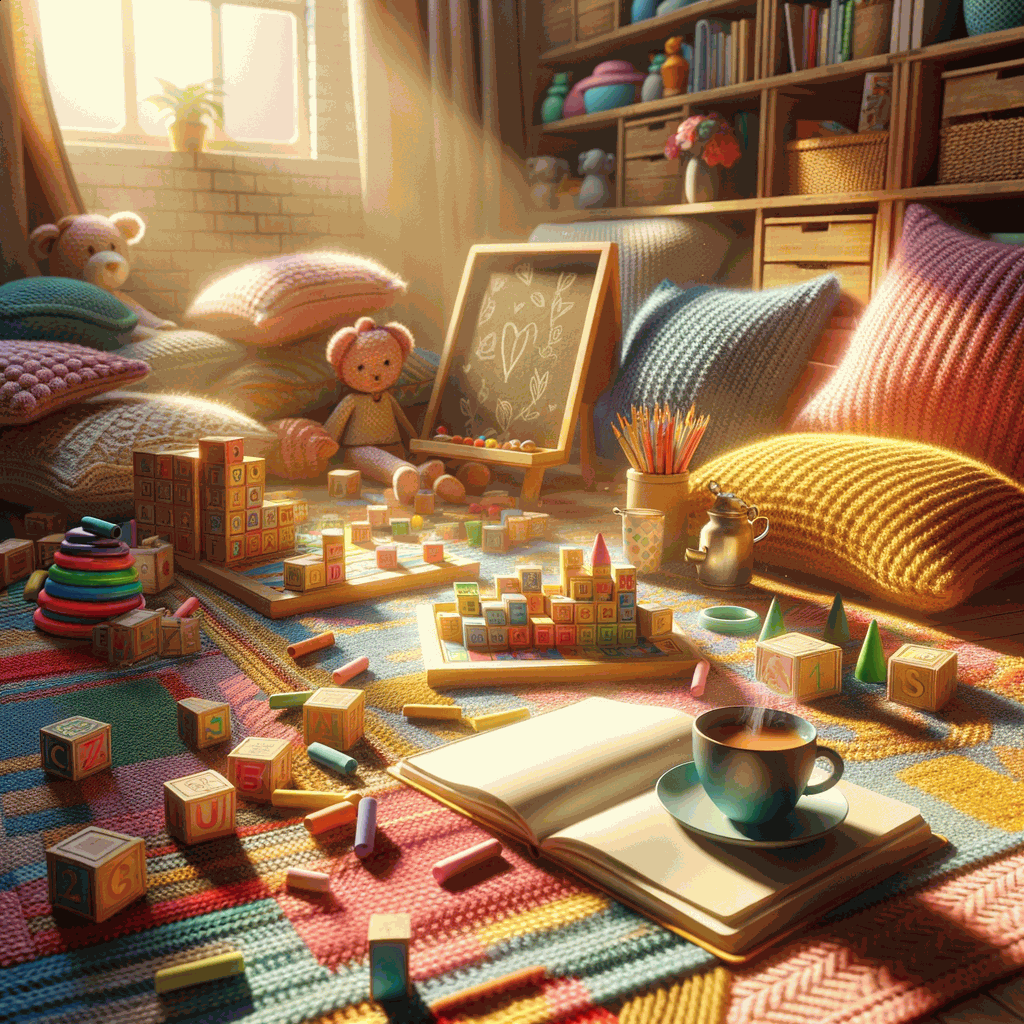 Сонячна вітальня з дитячими іграшками на килимі для розвитку малюків