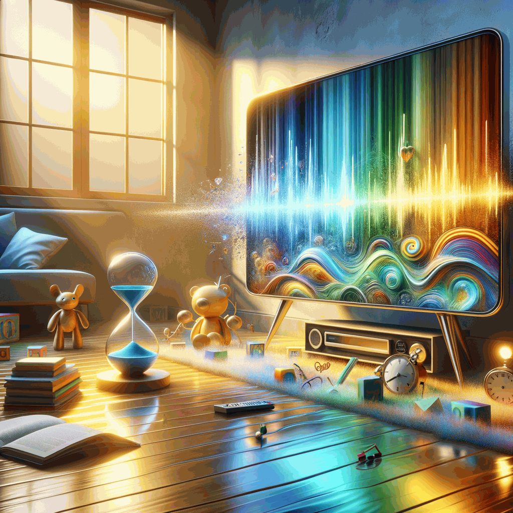 Сучасна вітальня з телевізором, що показує кольорові абстрактні форми та звукові хвилі