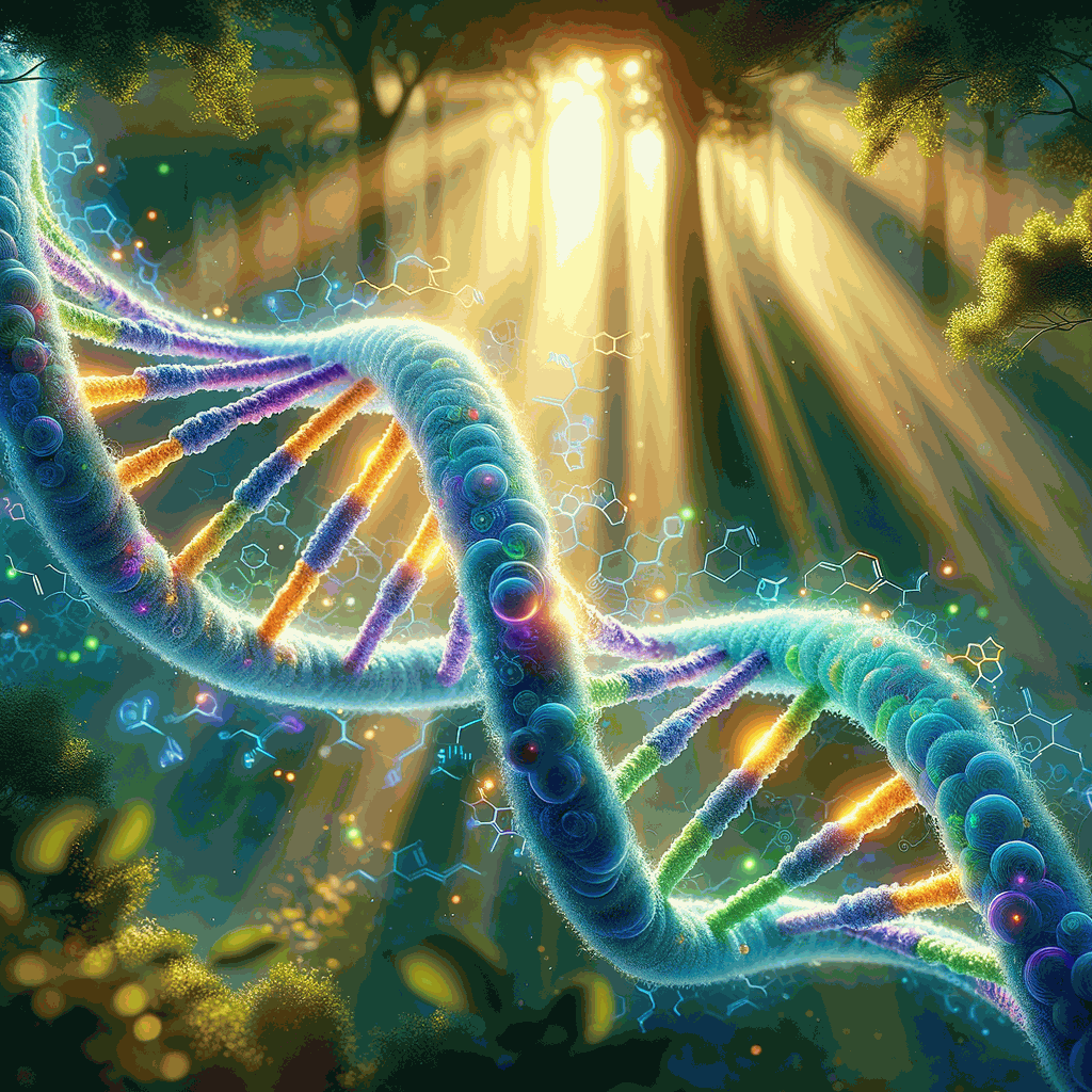 Фотореалістичне зображення подвійної спіралі ДНК з яскравими кольорами на тлі лісу, що символізує природний відбір