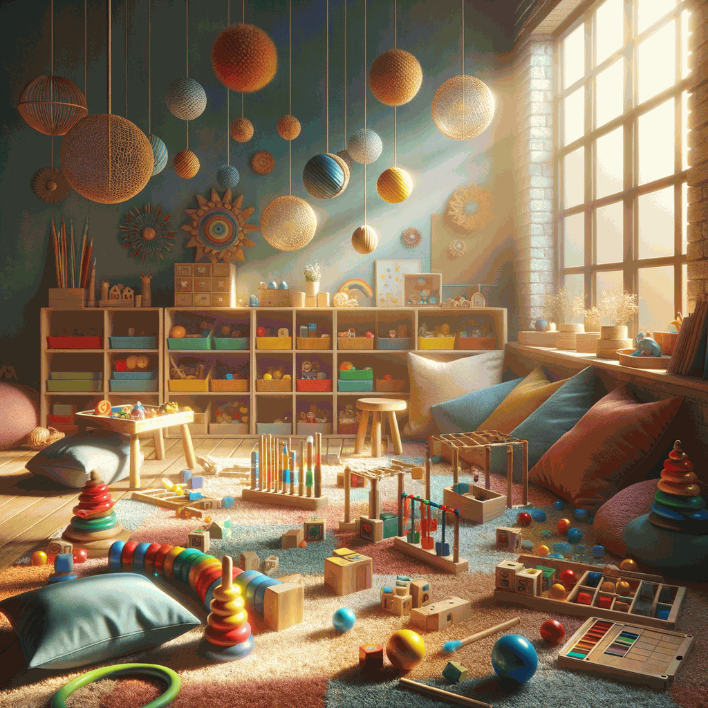 Сонячна дитяча кімната з яскравими навчальними іграшками на м’якому килимі