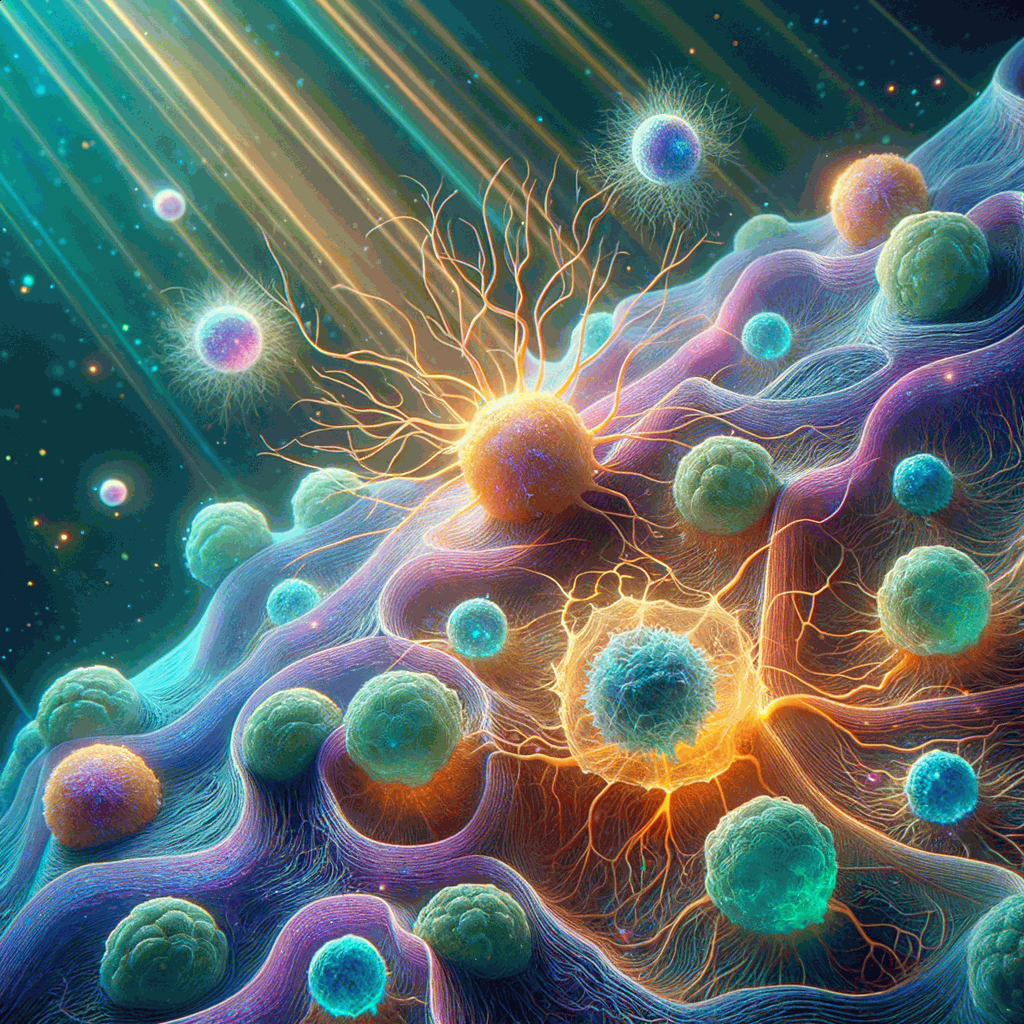 Імунні клітини у розвитку мозку з мережами нейронів у синьо-фіолетових тонах