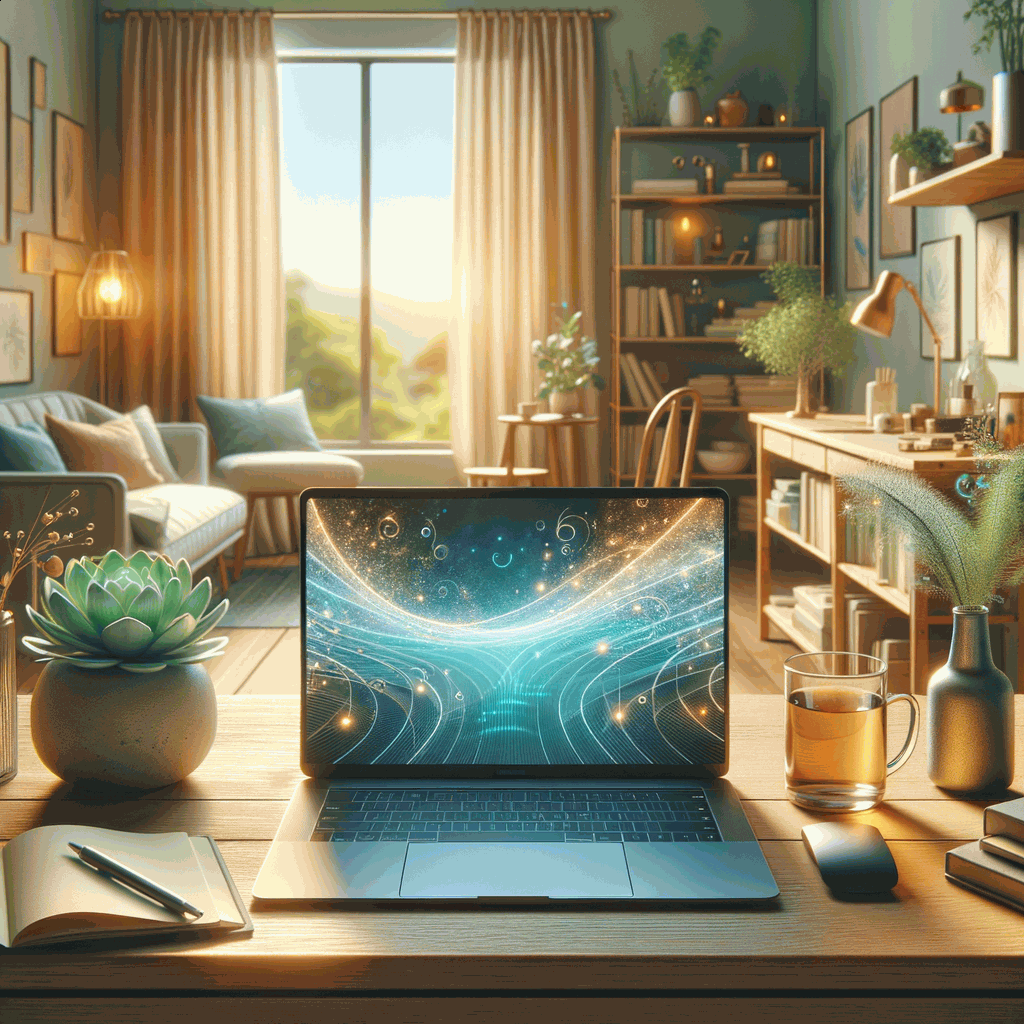 Сучасний домашній офіс з ноутбуком для онлайн терапії у теплому природному світлі