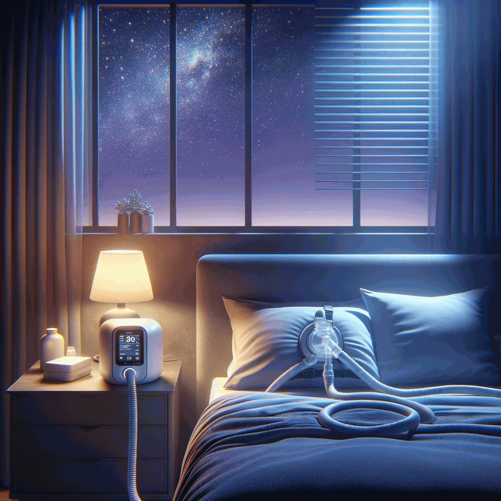 Спокійна спальня вночі з апаратом CPAP на ліжку для тестування апное сну