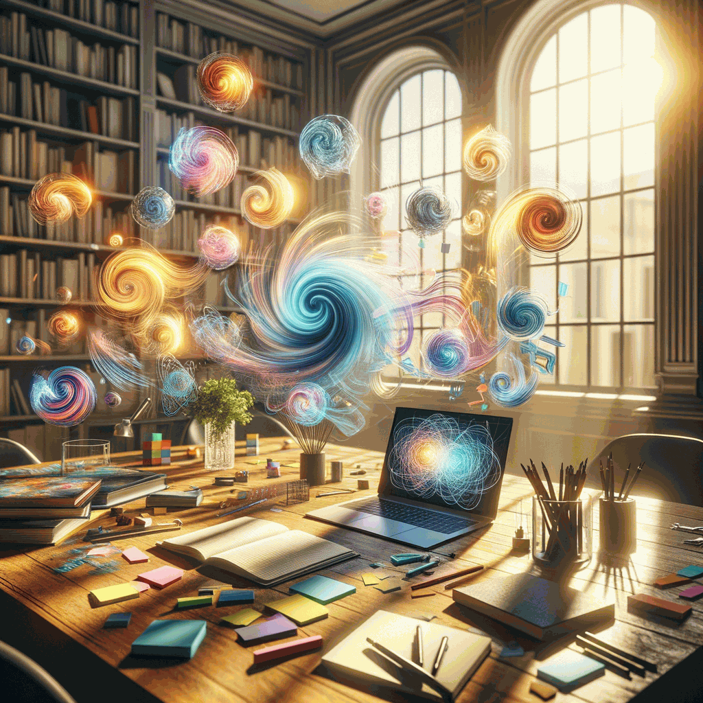 Сучасне робоче місце з ноутбуком, нотатками та яскравим денним світлом через великі вікна