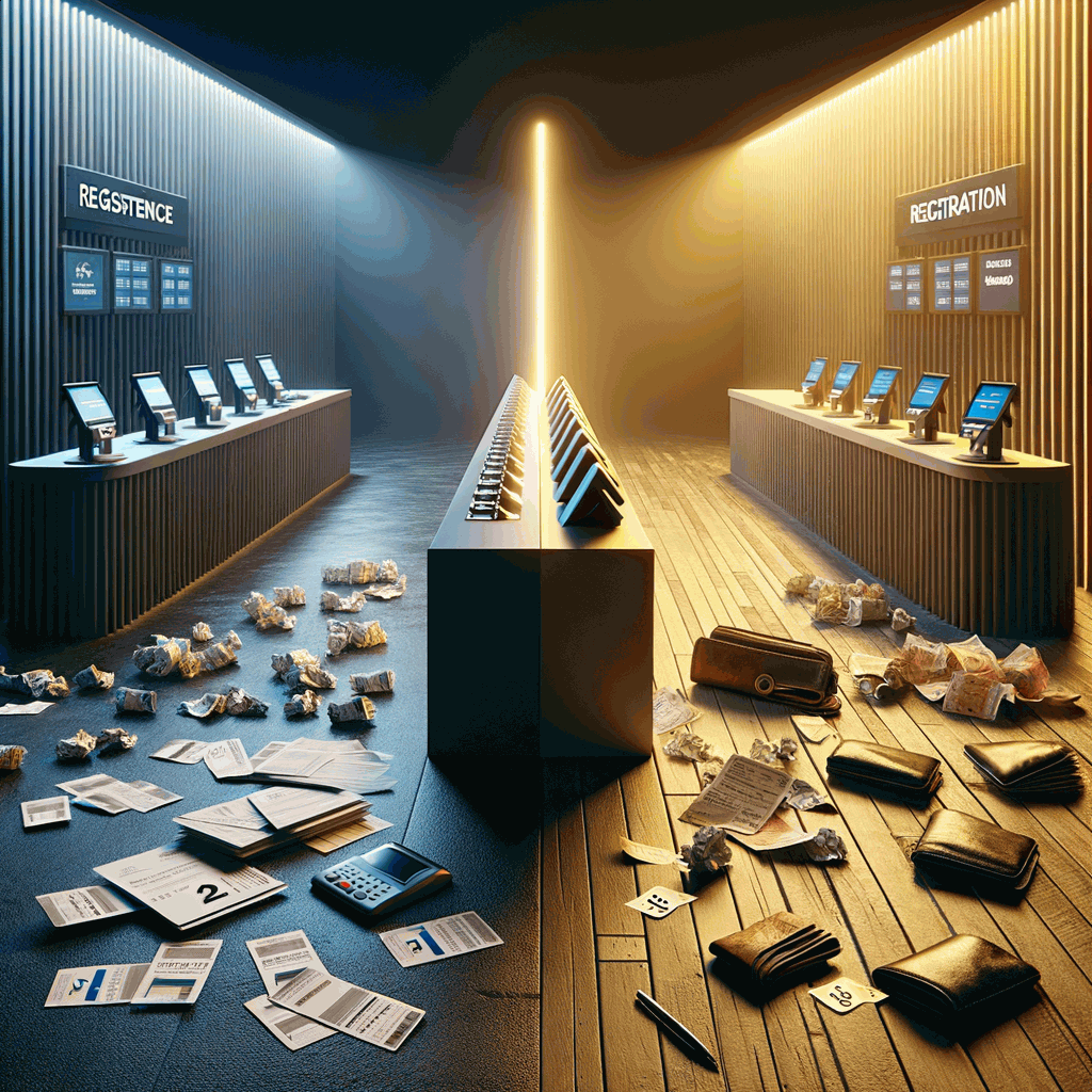 Фотографія, що символізує економічну нерівність через контраст реєстраційних столів на конференції