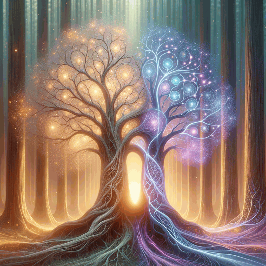 Символічне зображення спадкових психічних розладів у вигляді переплетених дерев із нейронними мережами