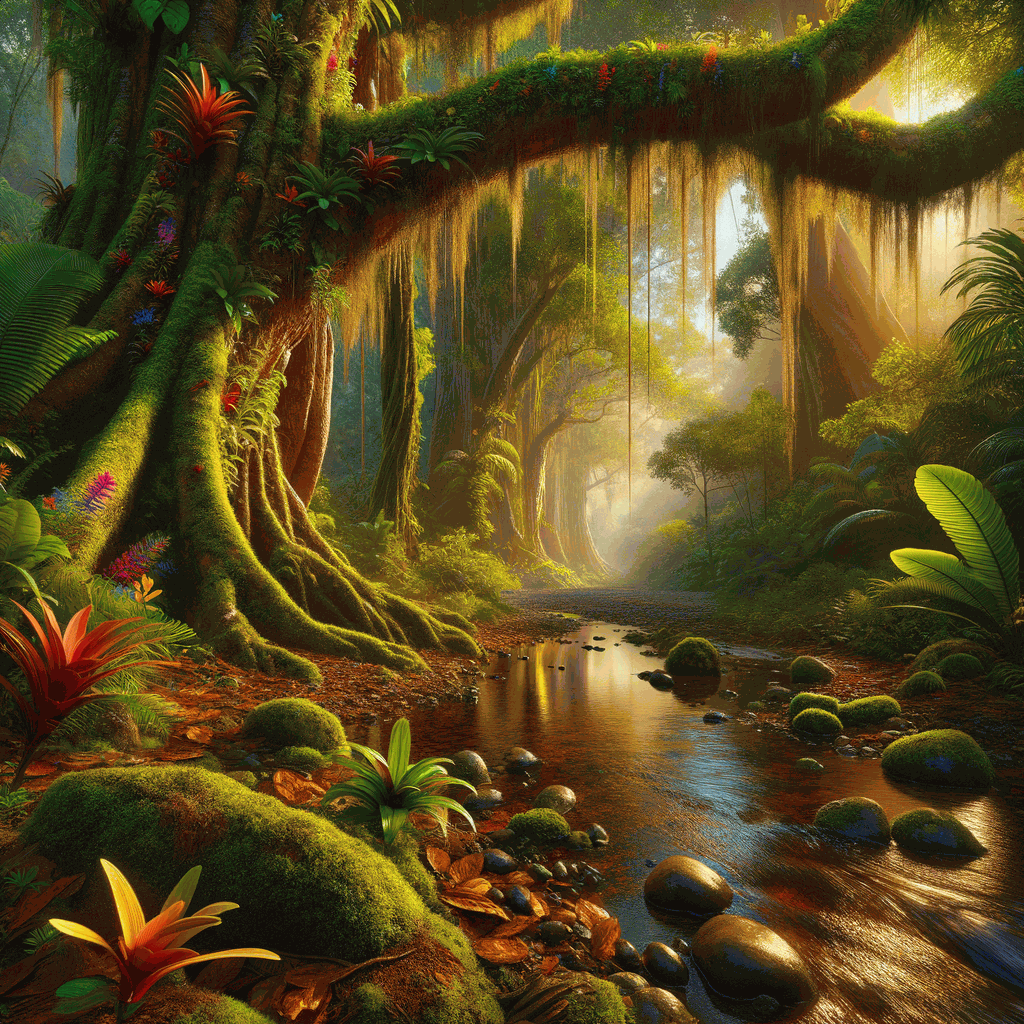 Фотореалістична сцена джунглів із шимпанзе серед густої тропічної рослинності на золотій годині