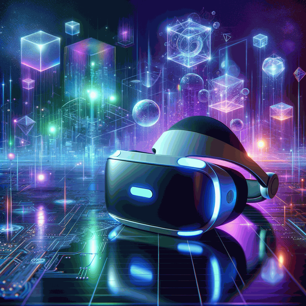 Футуристичний VR-шолом на дзеркальній поверхні з неоновим синьо-фіолетовим освітленням