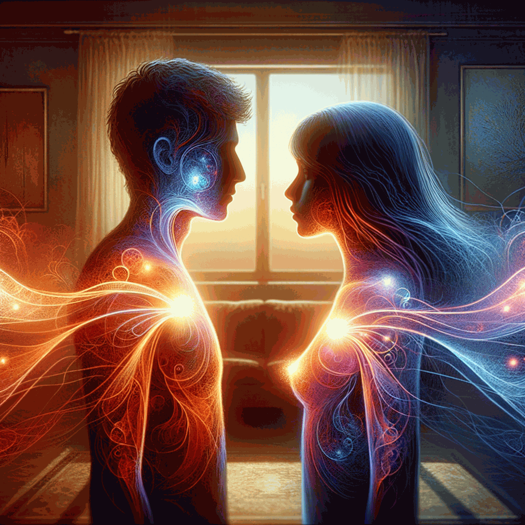 Фотореалістичне зображення прозорих силуетів батьків і підлітків у контрастних кольорах