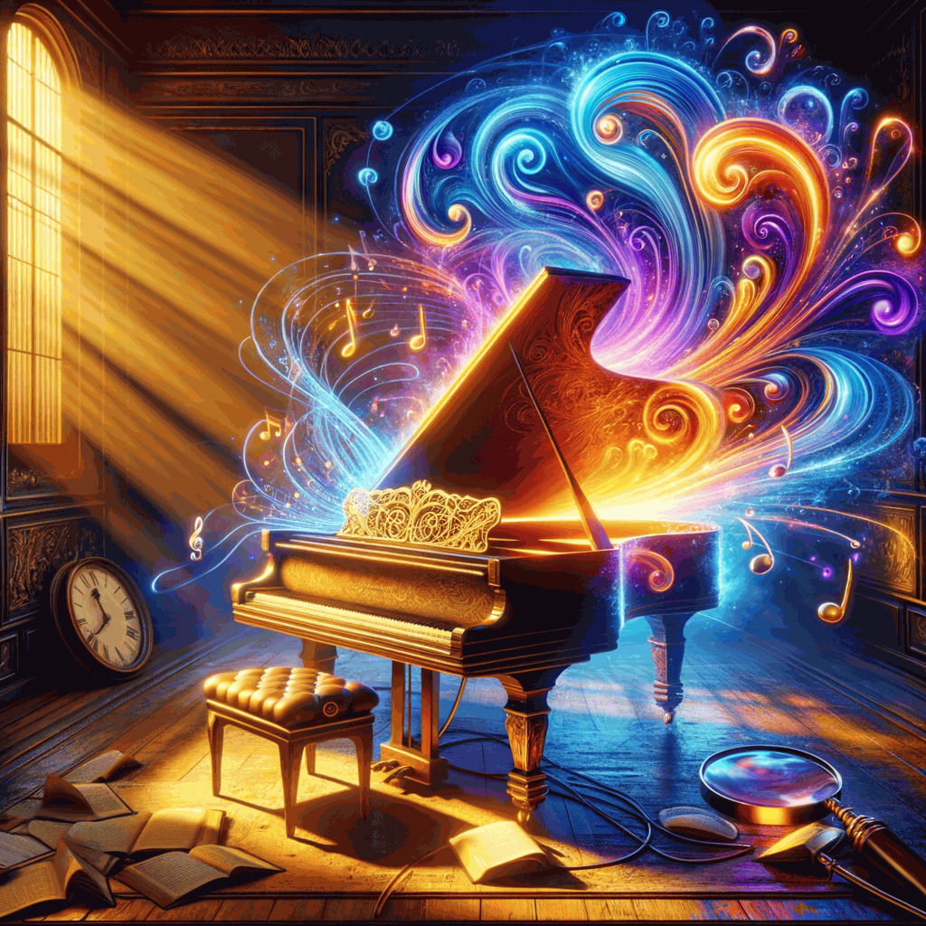 Фотографія рояля з відкритою кришкою та яскравими музичними нотами у теплому золотому світлі