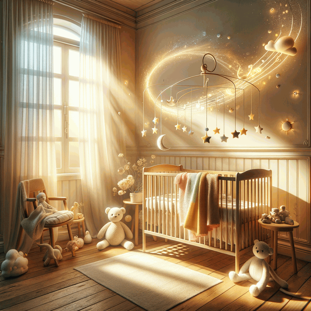 Світла дитяча кімната з дерев’яним ліжечком і м’якими іграшками на тлі теплого сонячного світла