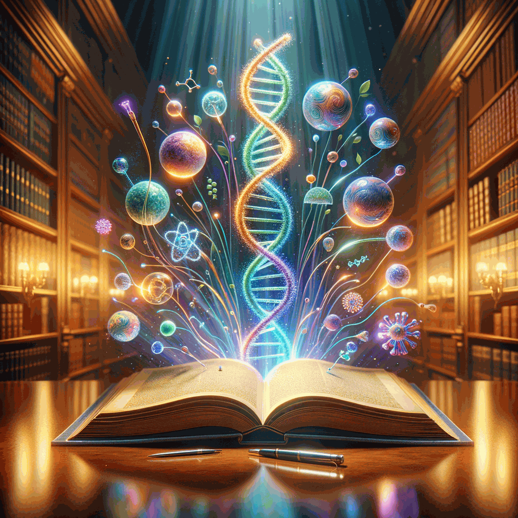 Відкрита книга з світними спіральними ДНК на сторінках у бібліотеці з теплим освітленням