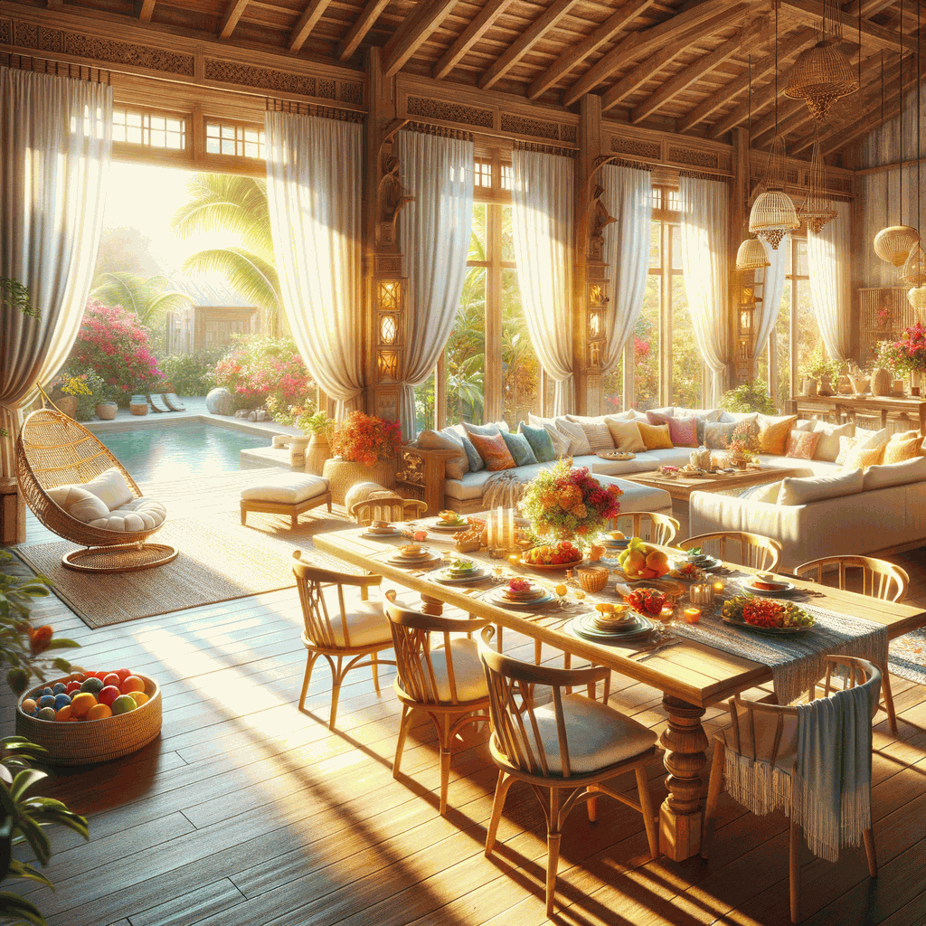 Світла вітальня з великим дерев’яним столом для багатопоколінного відпочинку родини