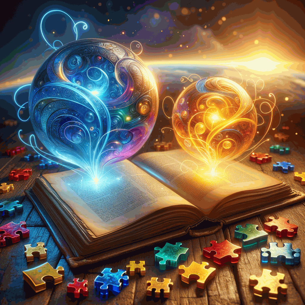 Два прозорі скляні кулі над старовинною книгою з світловими хвилями, що символізують двомовність і креативність