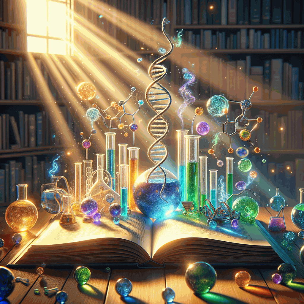 Відкрита наукова казка на дерев’яному столі в променях сонця з науковими предметами навколо