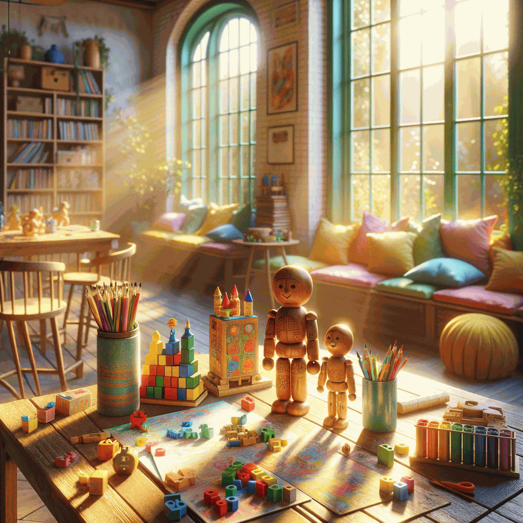 Сонячна ігрова кімната з яскравими іграшками, що символізують розвиток і взаємодію дітей