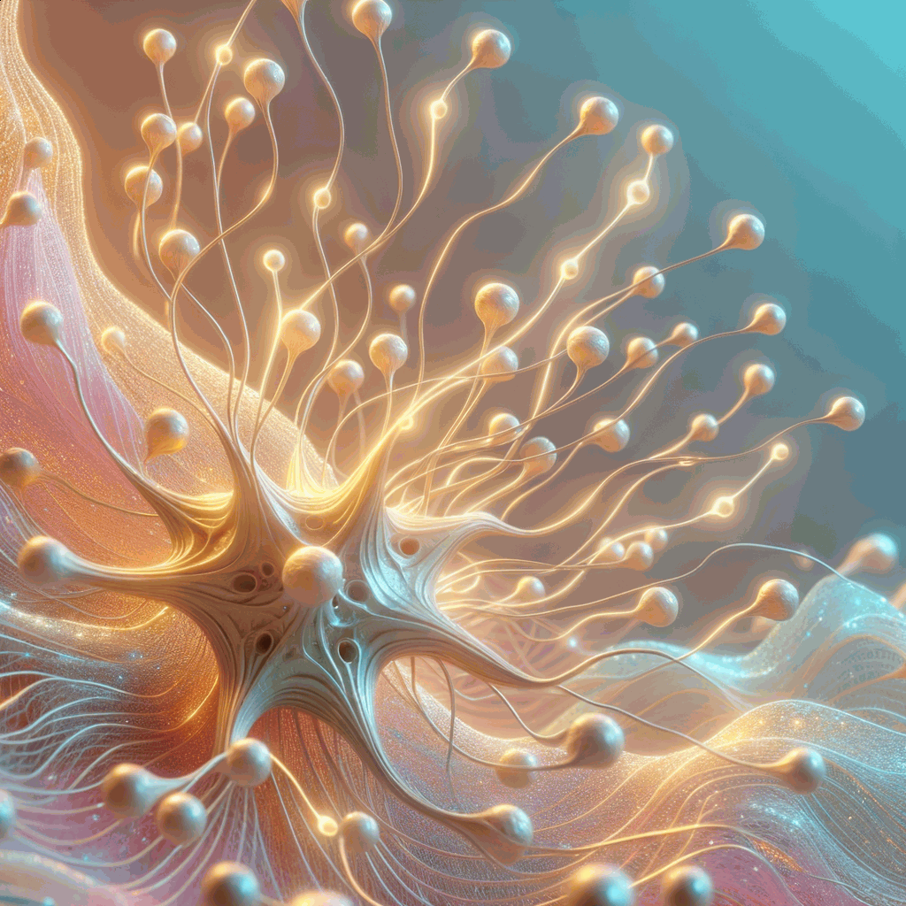 Мережа нейронів, що світяться золотисто-рожевим світлом, символізує систему окситоцину при лактації і депресії