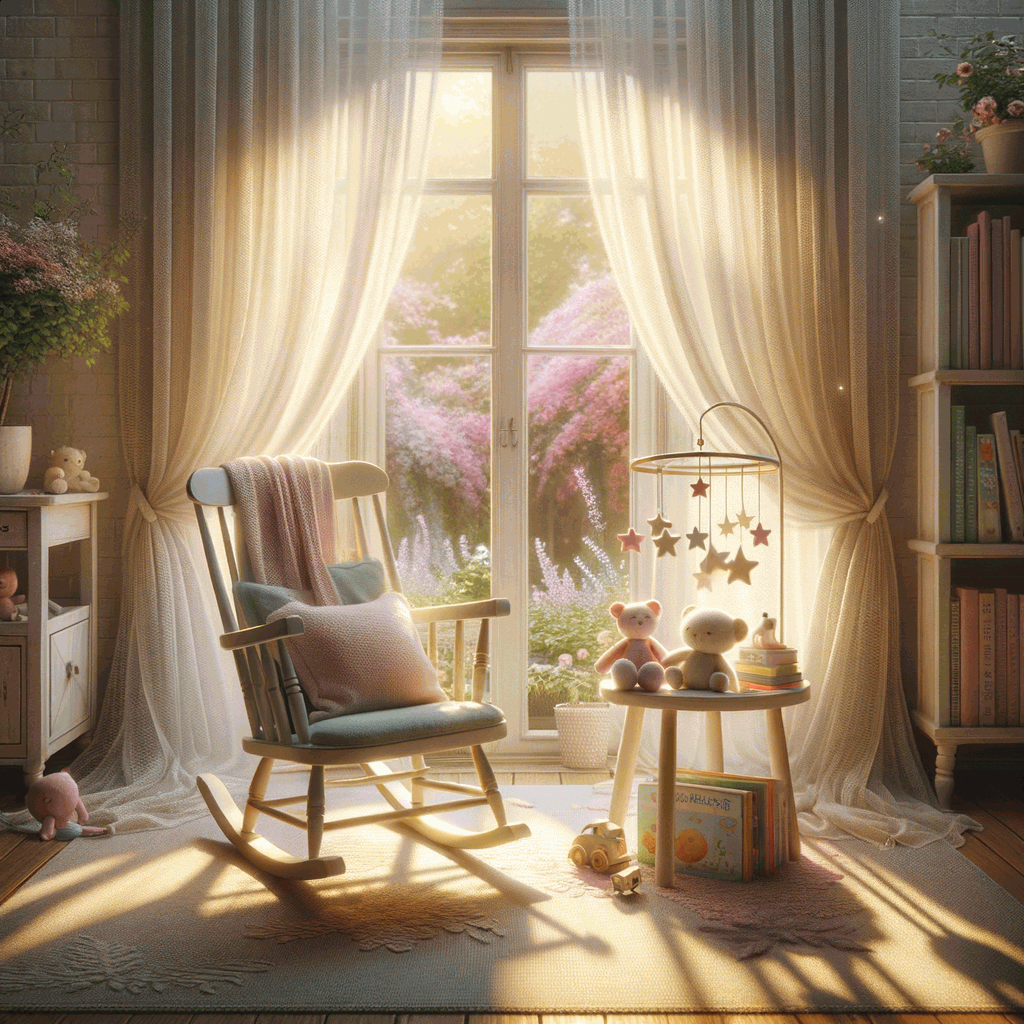Затишний дитячий куточок з кріслом-гойдалкою і книжковою полицею в теплому світлі