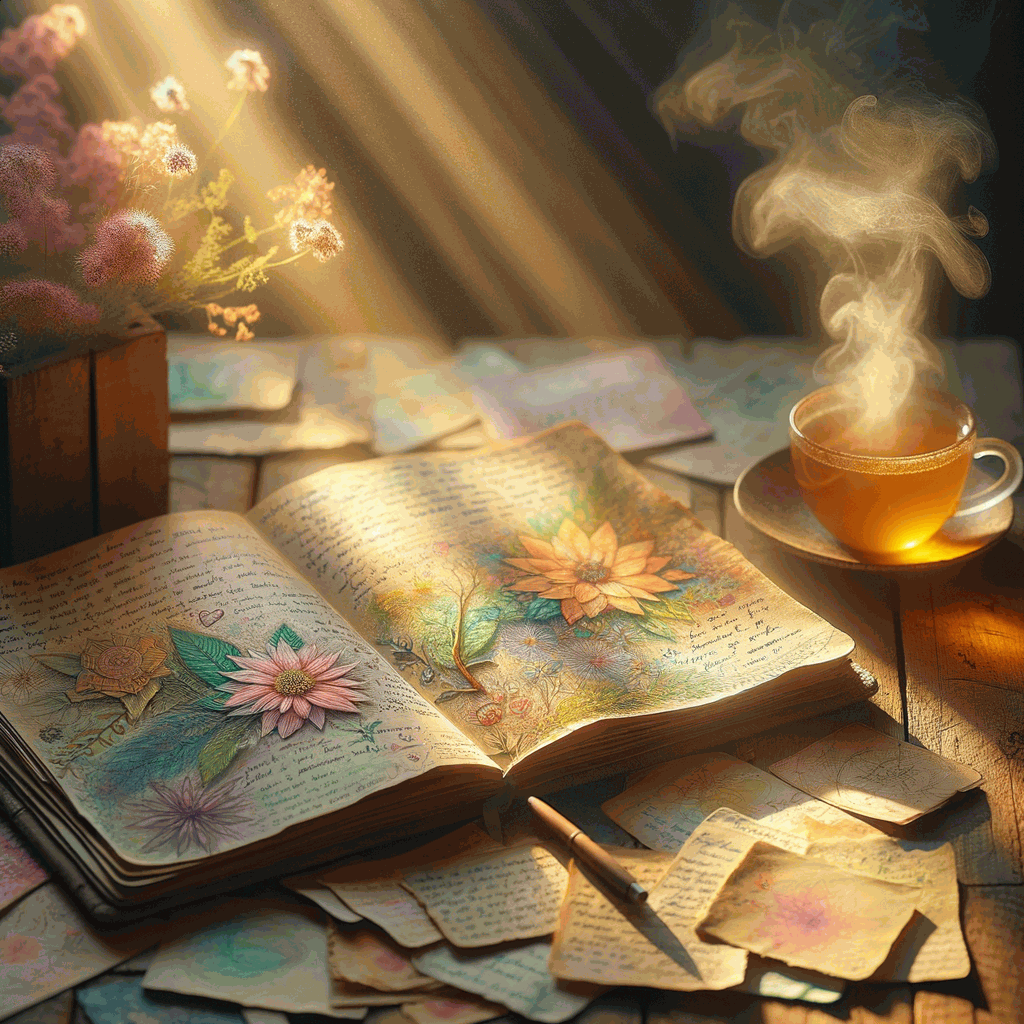 Відкритий щоденник на дерев’яному столі в теплих променях сонця, символ одужання та надії