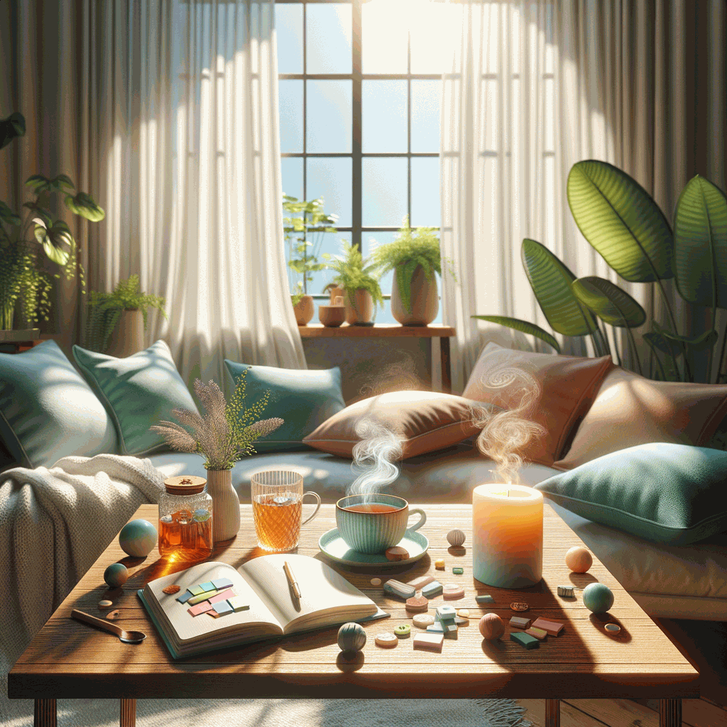 Затишна вітальня з природним світлом і символами психічного здоров’я на столі