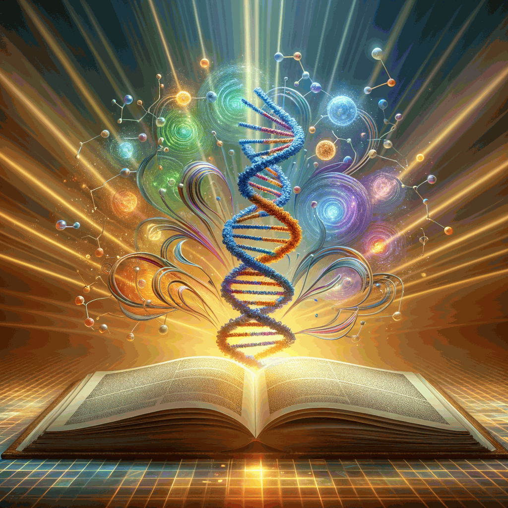 Відкрита світла книга з яскравими спіральними ДНК у синьо-зелених тонах, що символізує генетичні знання іспанською