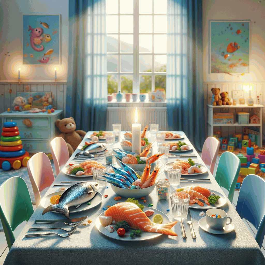 Дитячий стіл з яскравими стравами зі свіжої риби біля вікна з природним світлом