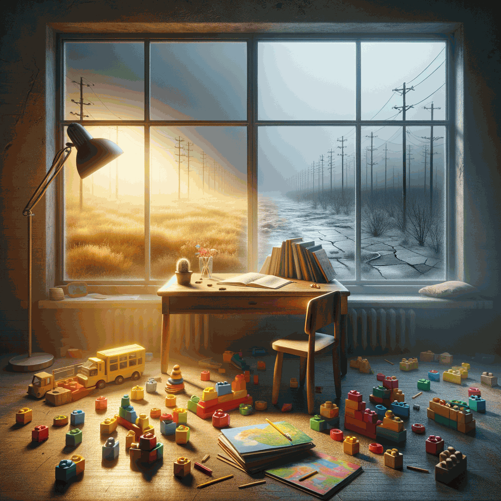 Світла сцена з дитячими книжками та лампою на дерев’яному столі, символ виховання в умовах бідності