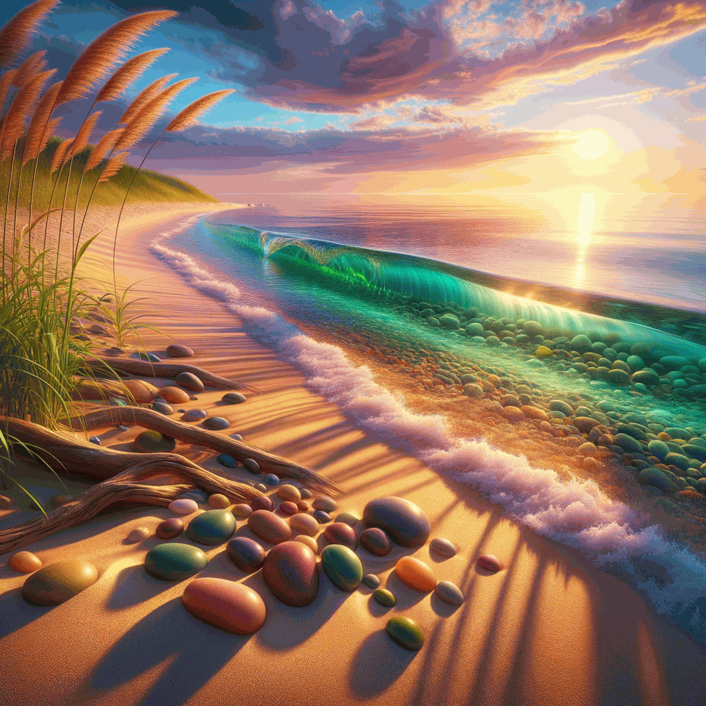 Живописний прибережний пейзаж із пляжем і бірюзовими хвилями на заході сонця