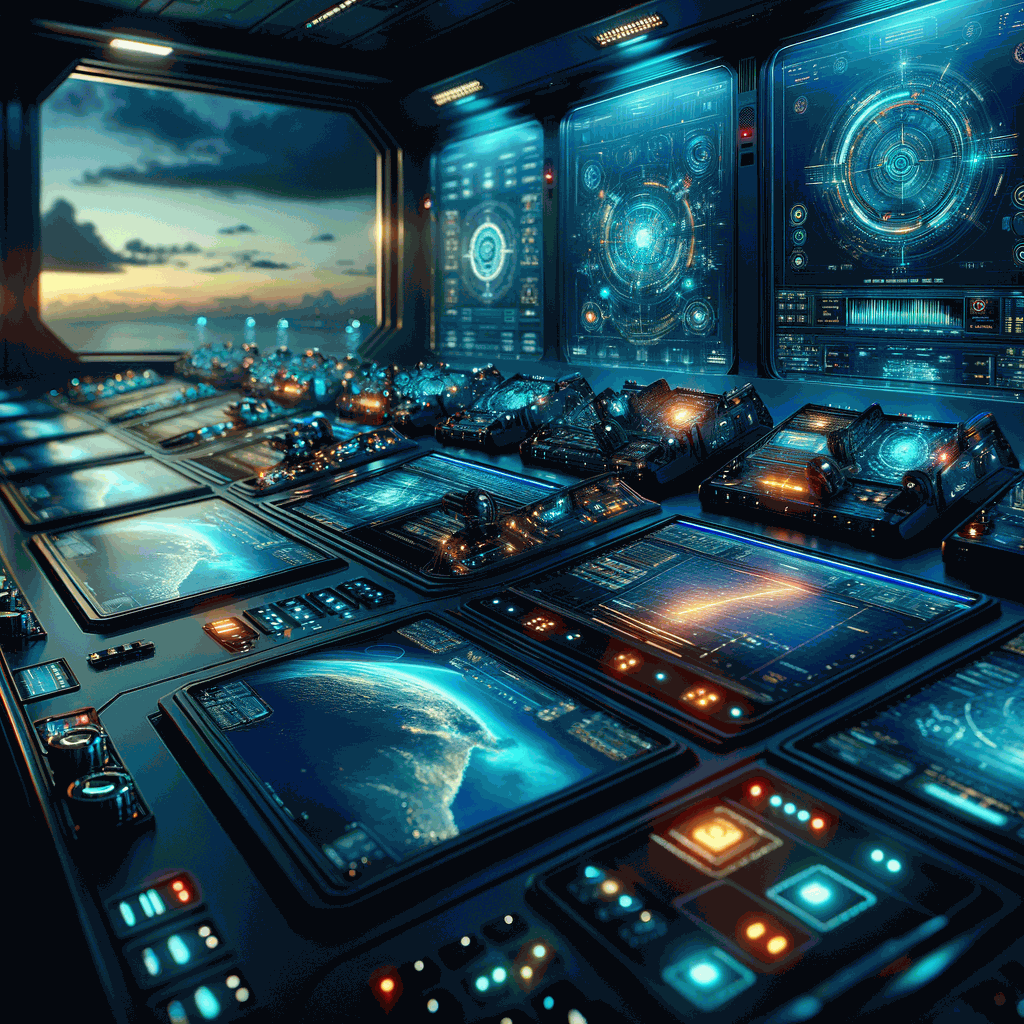 Високотехнологічний морський командний центр ВМС США в сутінках з голографічними дисплеями