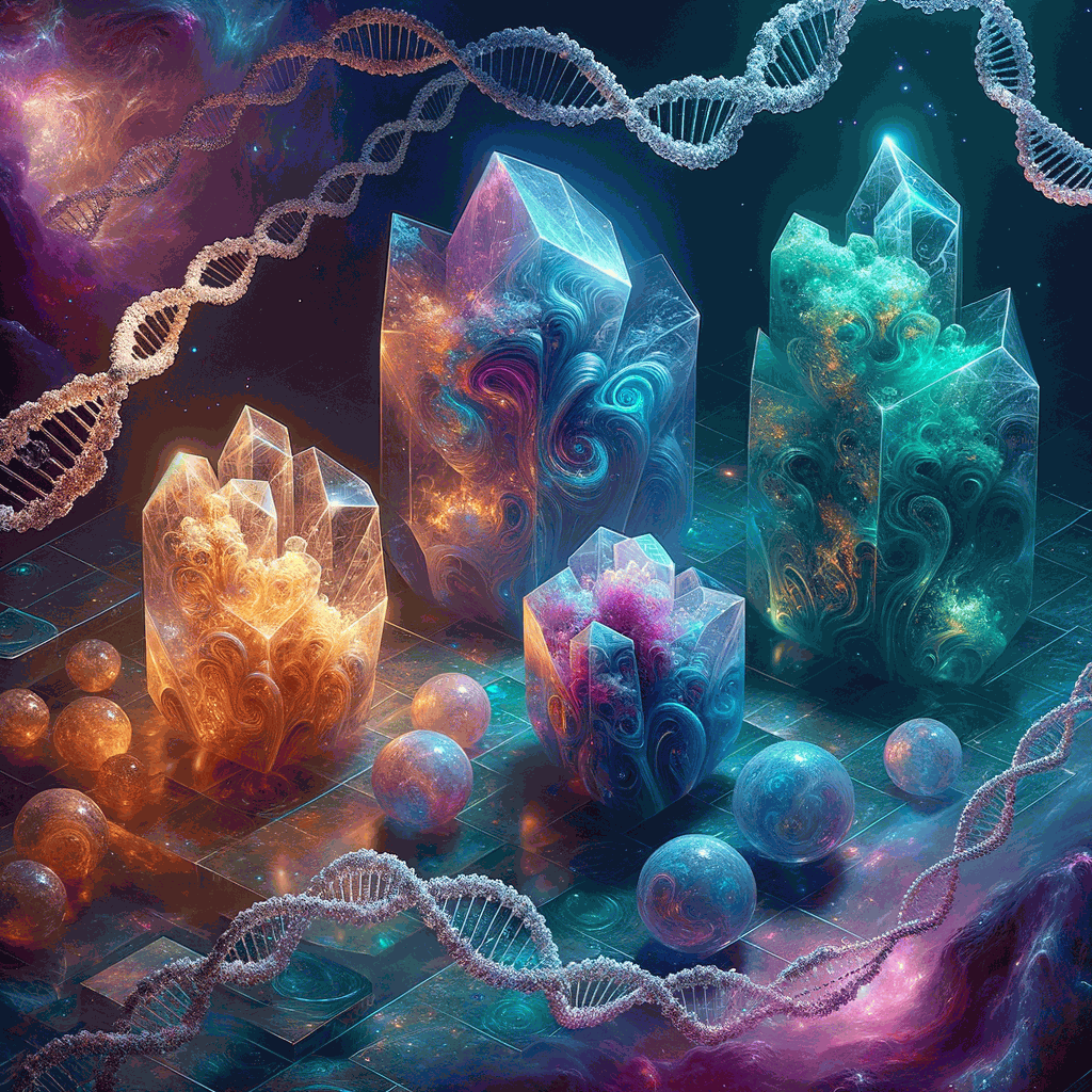 Чотири світлові кристали в космічному просторі, що символізують типи аутизму та генетику