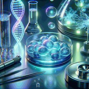 Фотореалістична лабораторія з прозорою чашкою Петрі та світними стовбуровими клітинами, відредагованими CRISPR