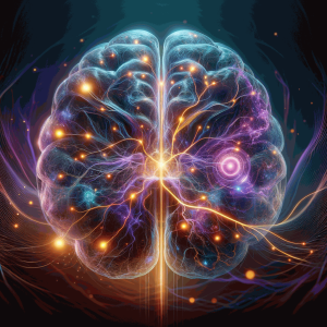 Фотореалістична нейронна мережа в прозорому мозку з синьо-фіолетовим і янтарним світлом