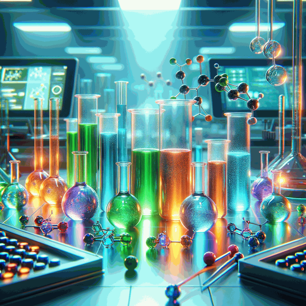 Фотографія сучасної лабораторії з яскравими колбами та пробірками з різнокольоровими хімікатами