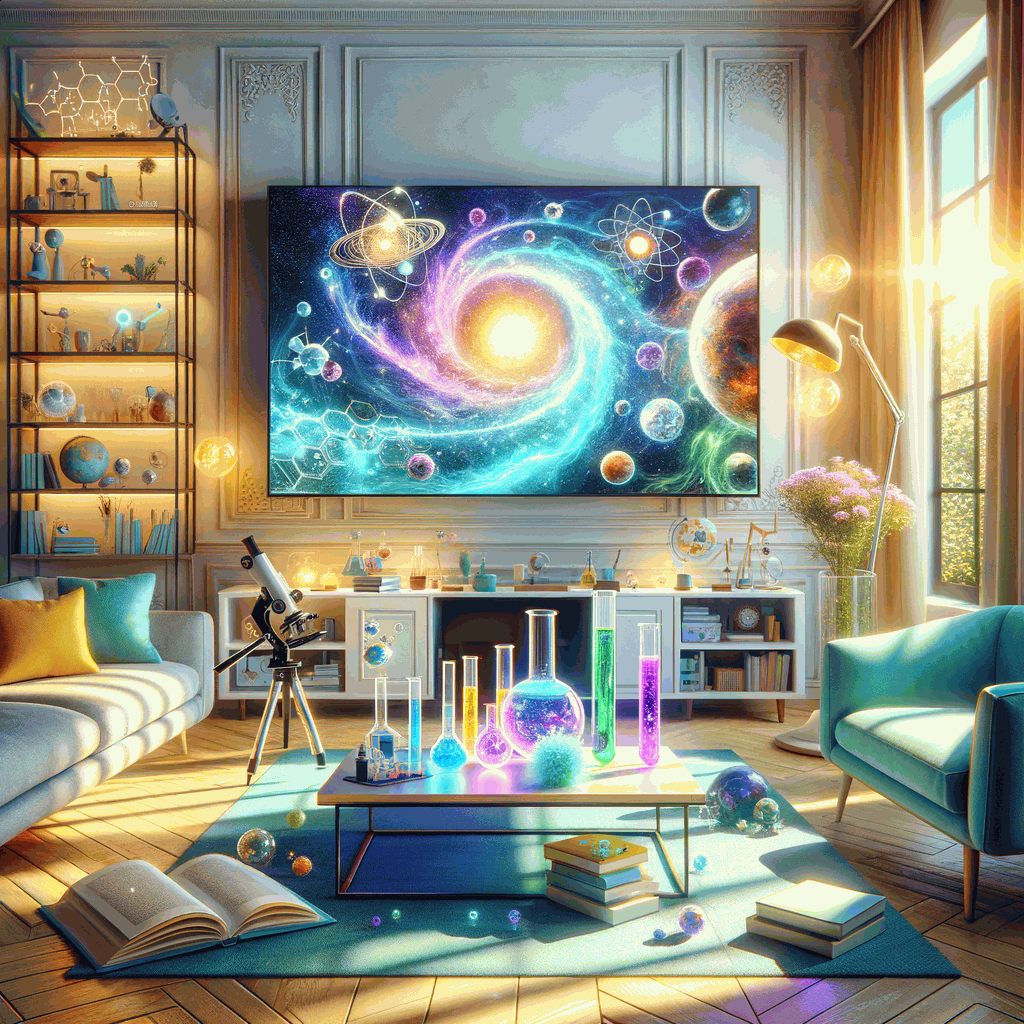 Сучасна вітальня з телевізором, що показує яскраву наукову анімацію для дітей