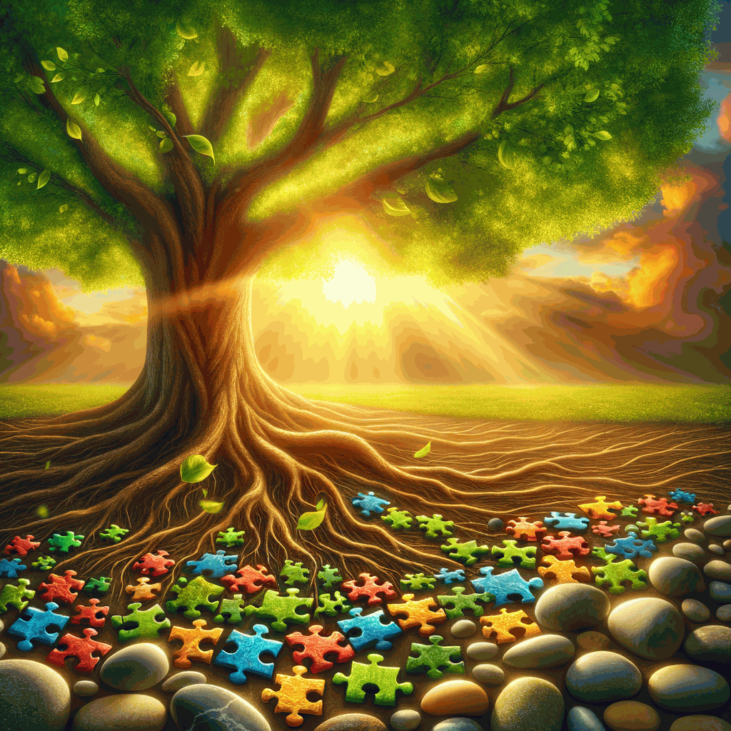 Стійке древнє дерево з корінням, що обвиває різнокольорові пазли, символізуючи усиновлення та трансформацію