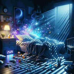 Сюрреалістична спальня вночі з розкиданим ліжком у холодних синіх тонах, що символізує безсоння при СДУГ